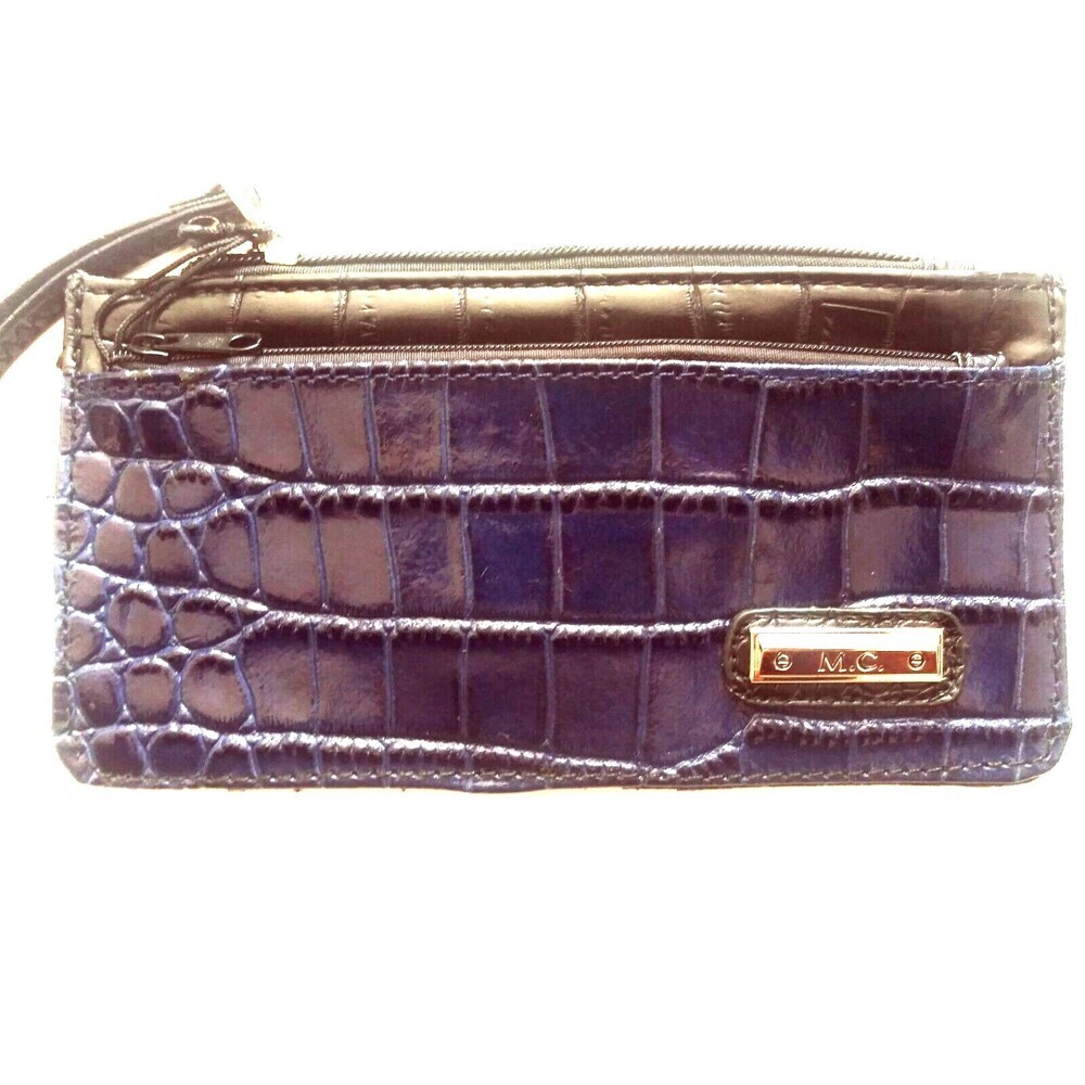 Madi Claire Wallet Embossed Leather Wristlet Navy Blue Black NWT Genuine Leather